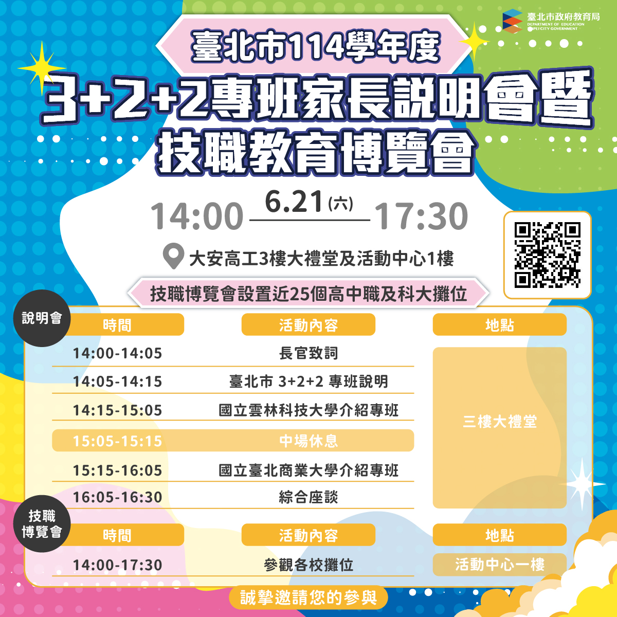 臺北市114學年度3+2+2專班家長說明會暨技職教育博覽會